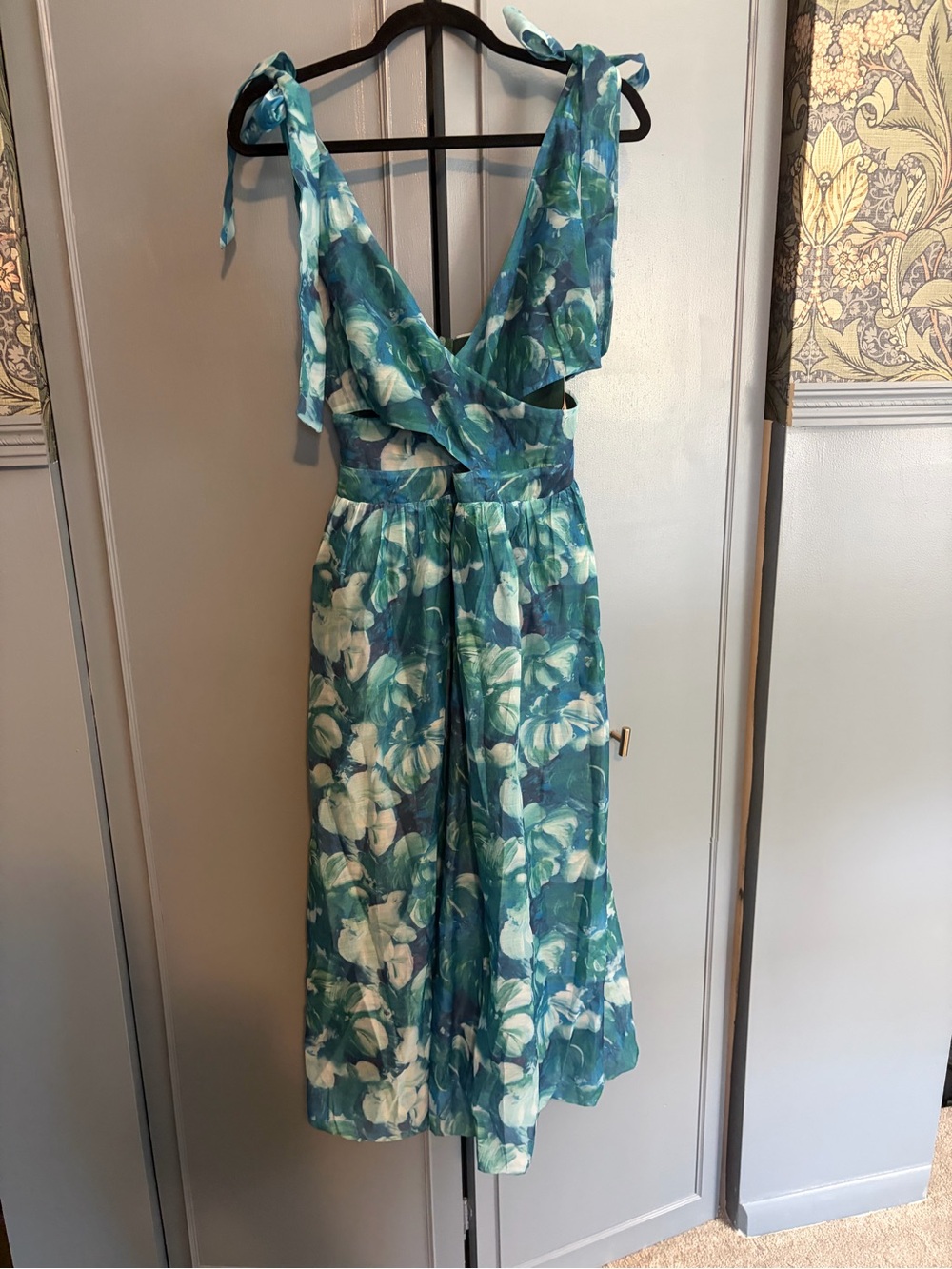Lulu's Teal & White Floral Midi Dress with Tie Shoulders